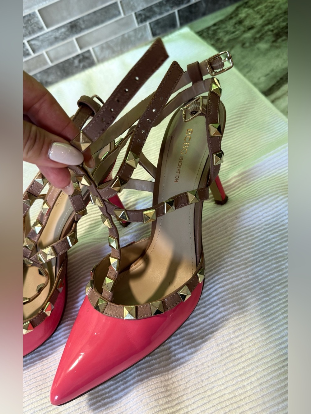 BCBGeneration Pink Patent Studded T‑Strap Heels - Picture 8 of 8